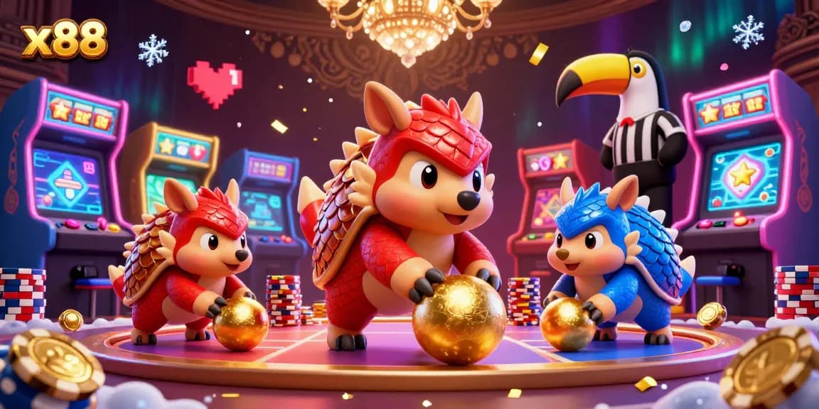 x88 pangolins compete in a vibrant casino scene with poker chips and arcade machines.