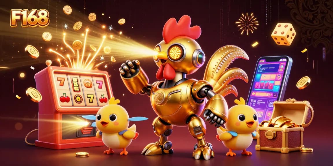 F168's vibrant online casino scene featuring a golden rooster robot amidst slot machines and game elements.