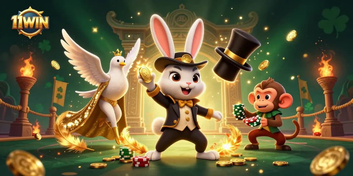 Experience the excitement at 11WIN with a vibrant casino illustration showcasing a magical scene filled with action.