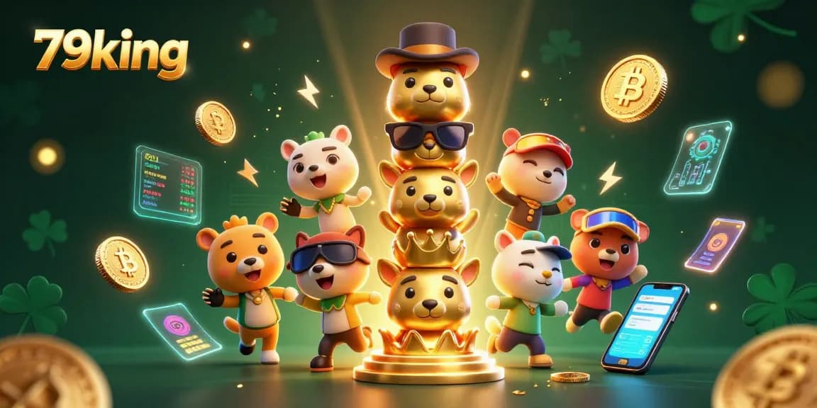 Engage with the vibrant 79king casino world, showcasing a magical 3D totem pole surrounded by crypto coins and dazzling graphics.
