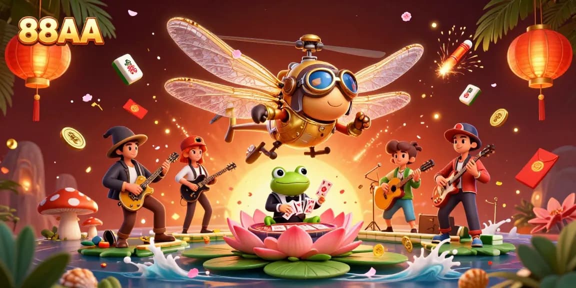 Experience thrilling gameplay with 88AA as a dragonfly pilot and frog croupier engage in a vibrant casino atmosphere.
