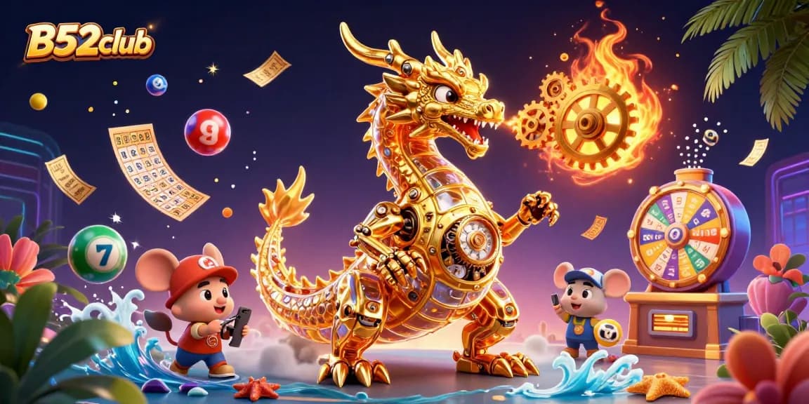 Engage with B52club's thrilling games featuring a gold dragon, spinning prizes, and vibrant lottery balls.