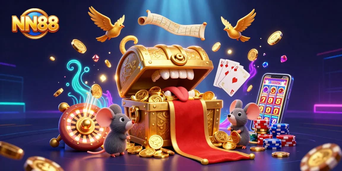 Play and win at NN88 with a vibrant 3D casino scene filled with treasures and excitement.