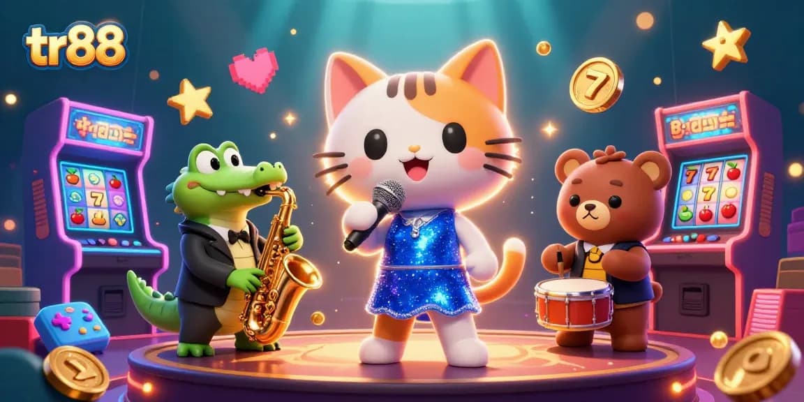 Join the fun at TR88 casino with a lively jazz-singer cat, saxophone crocodile, and drum-playing bear.