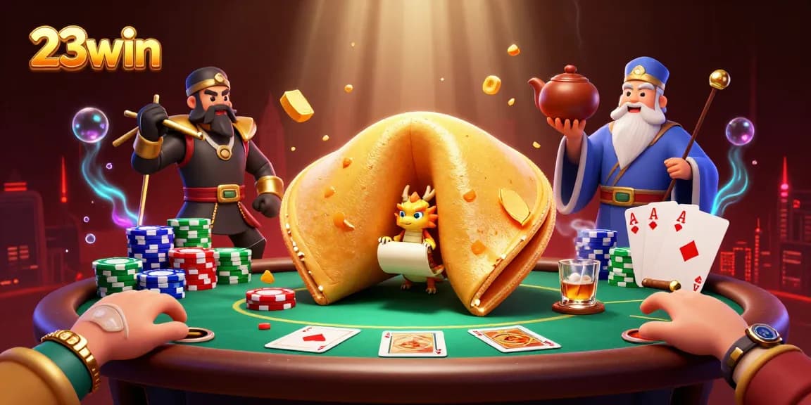 Engage with 23win's thrilling gambling scene filled with golden fortunes and poker excitement.