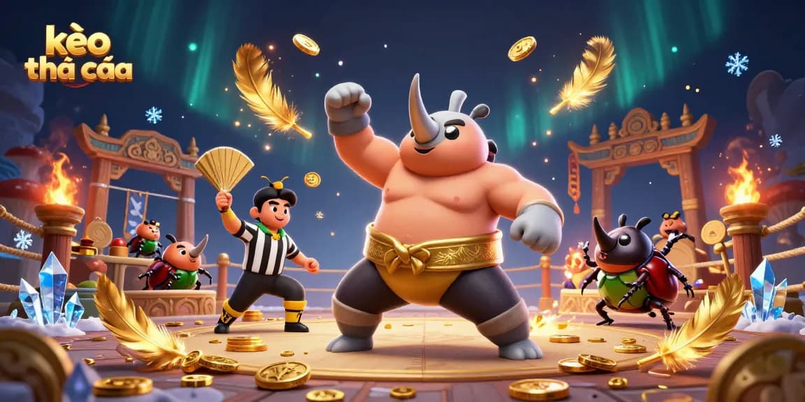 Bet on kèo nhà cái with action-packed scene of a sumo champion beetle kicking coins in a dynamic ring.