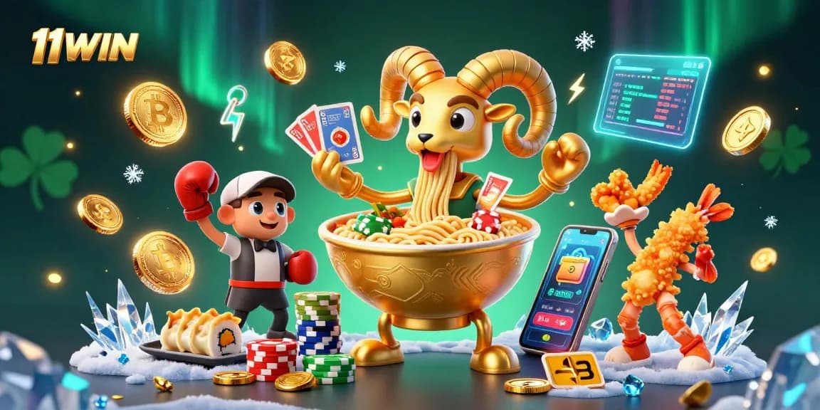 Engage with thrilling gaming at 11WIN, featuring dynamic cartoon characters in a vibrant casino setting.