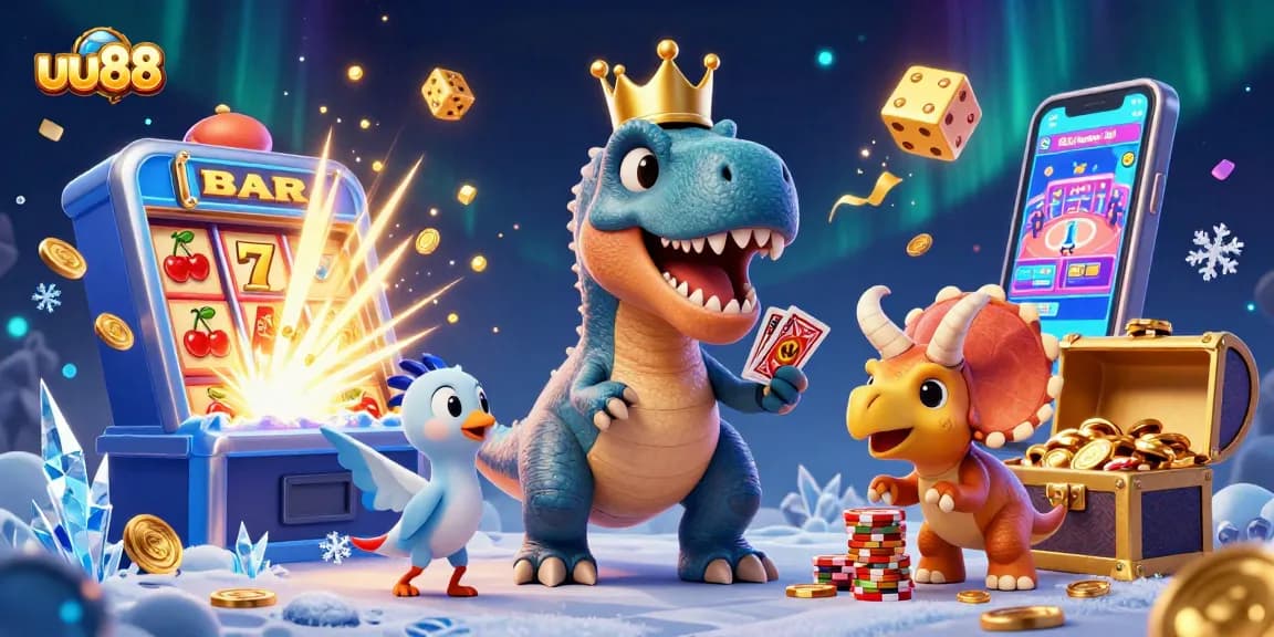 Join the excitement at uu88, where a cartoon T-Rex plays cards while surrounded by lucky symbols and golden chips!