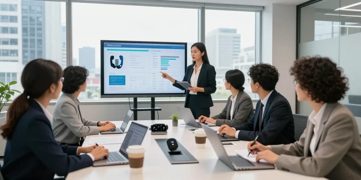Team collaborating on office phone systems in a modern conference room