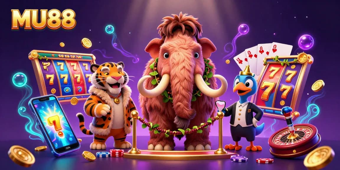 Experience the thrill of MU88 with a vibrant casino scene featuring a woolly mammoth bouncer and dynamic slot games.