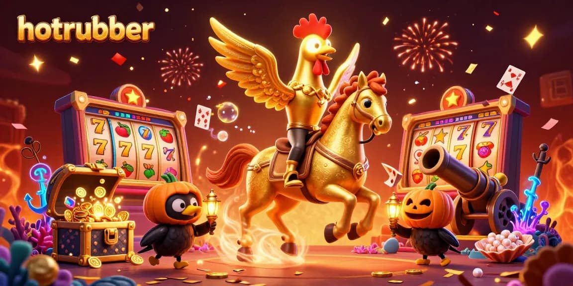 Engage in action at hotrubber's casino with a dazzling scene featuring a golden rooster and dynamic game elements.