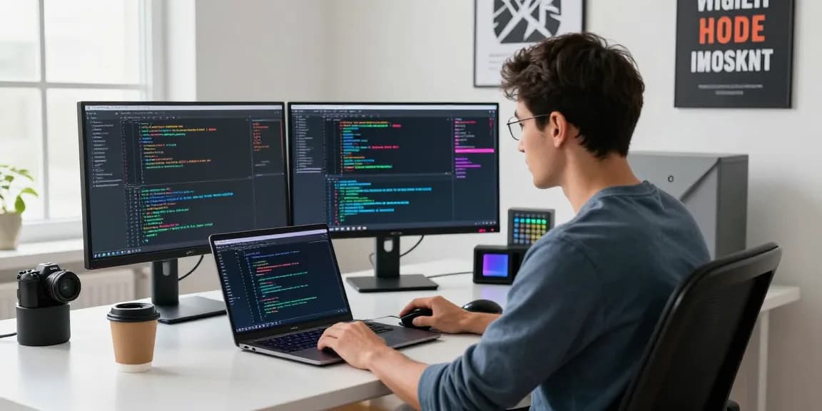 Professional using an AI laptop in a bright tech workspace, showcasing code and modern gadgets.