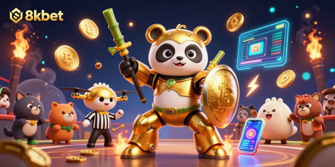 Join the action at 8xbet with a golden panda in a mech-suit battling in an exciting casino arena.