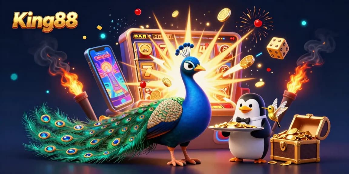 Play slots and win big with King88's dynamic casino scene featuring vibrant, engaging characters