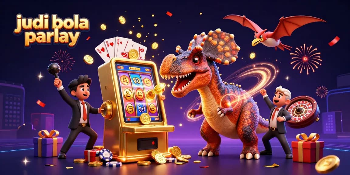 Experience judi bola parlay at its best as a whimsical dinosaur interacts with casino elements in this dynamic scene.