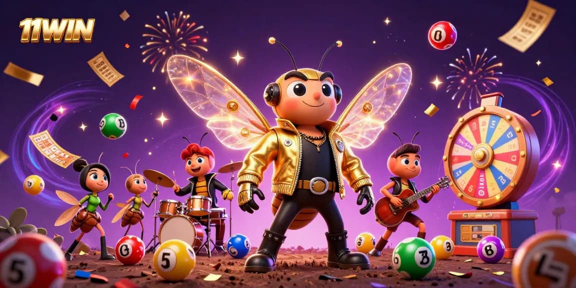 Get ready to win big with the dynamic 11WIN lottery scene featuring exciting characters and vibrant gaming elements!