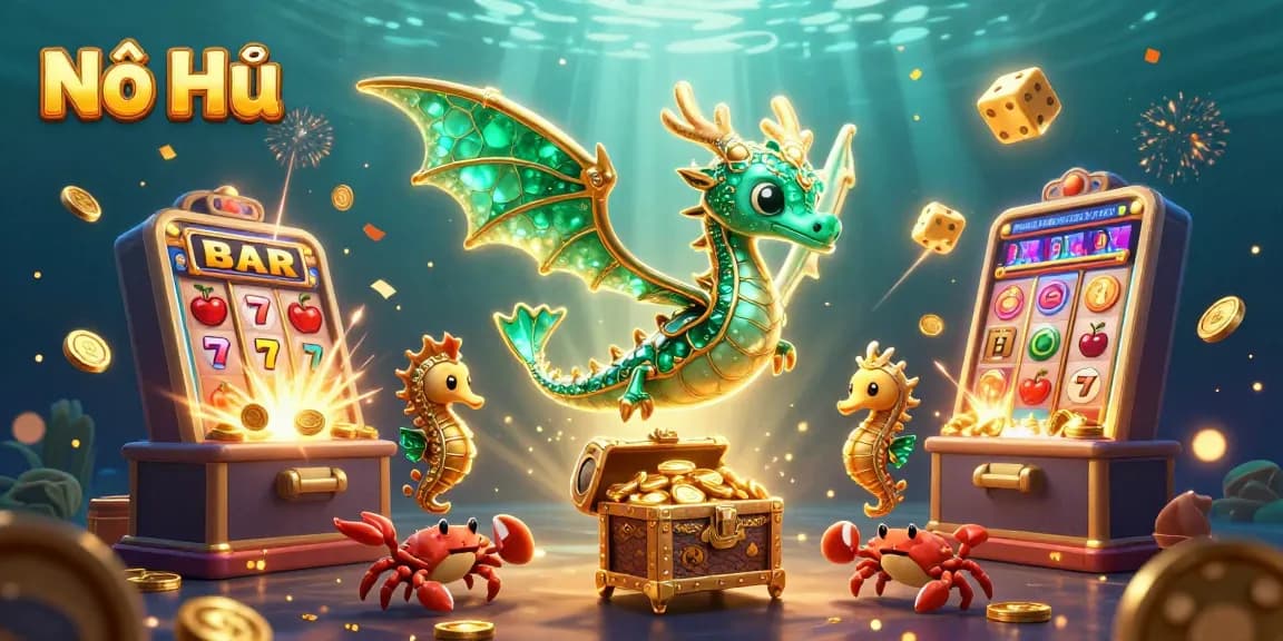 Nổ Hũ gameplay experience with an enchanting underwater scene featuring a magical sea dragon and slot machine excitement.