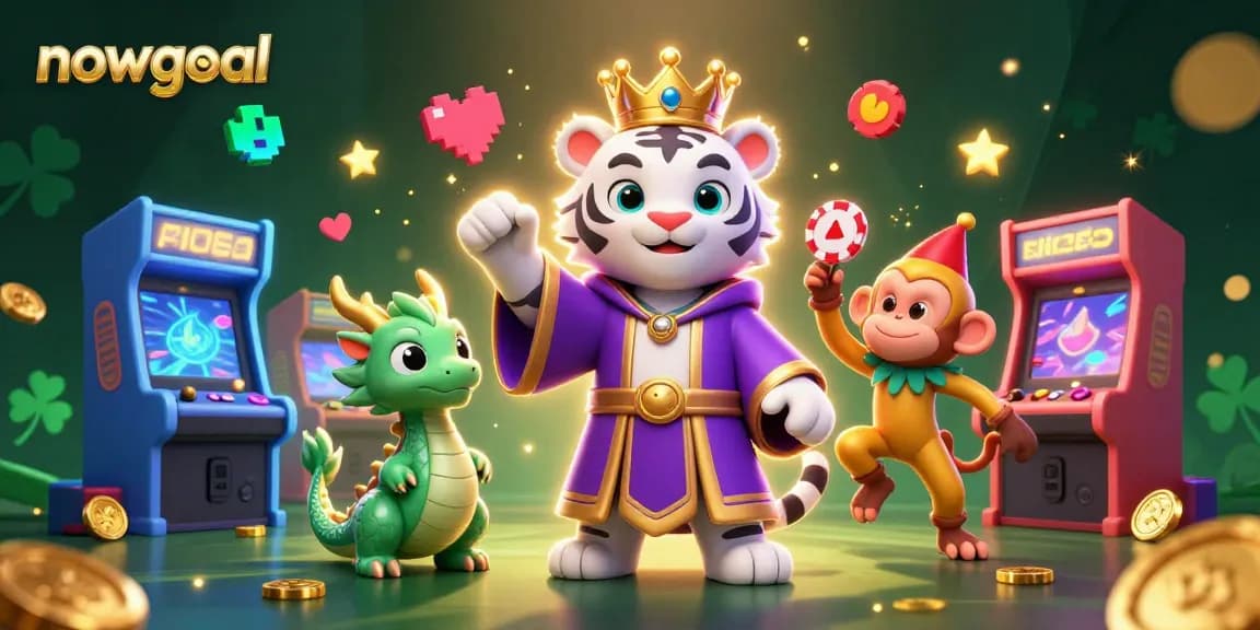 Bet on nowgoal with a vibrant illustration of a luxury casino scene featuring a whimsical tiger and monkey.