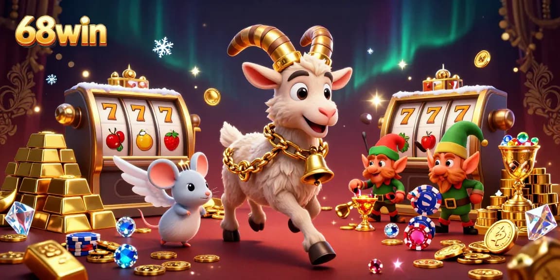 Engage with 68win at a festive casino scene featuring Krampus, angelic mouse, and mischievous elves.