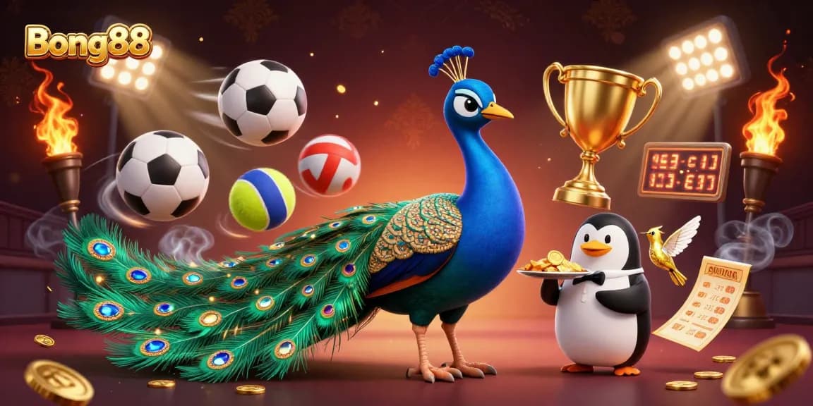 Bong88 features a peacock, penguin, and hummingbird, showcasing vibrant sports elements in an engaging casino scene.