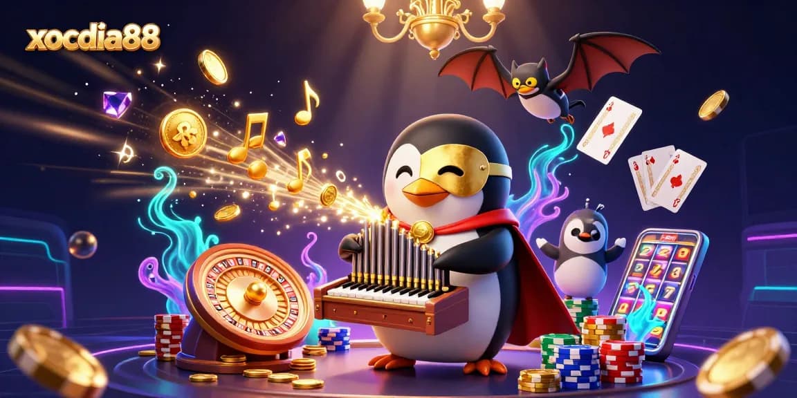 Xocdia88 engaging players with vibrant casino-themed illustration, featuring lavish characters and dynamic game elements.