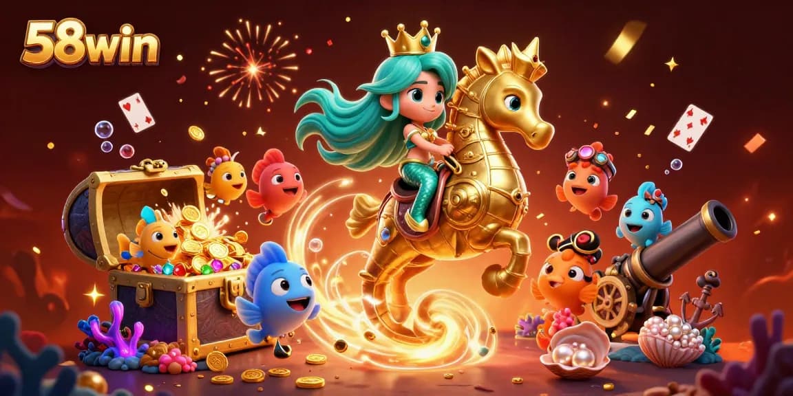 Engage with 58win's vibrant underwater 3D scene, featuring a mermaid princess and giant seahorse with gold coins and cards.