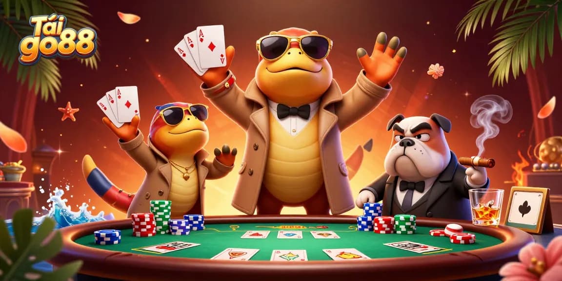 Win big with Tải go88 at this vibrant cartoon casino scene featuring playful raptors and poker action.