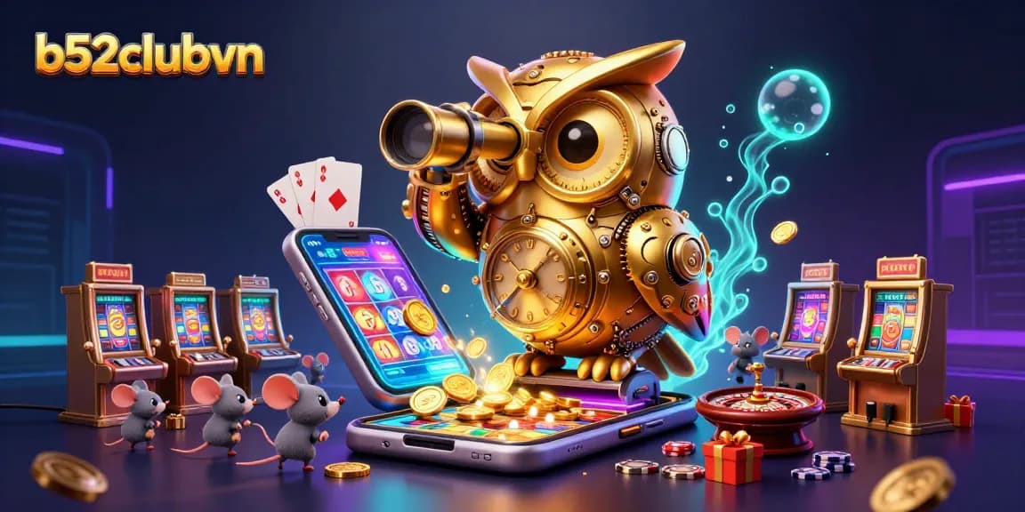 Experience thrilling gameplay at b52clubvn with a dynamic casino illustration of vibrant slot machines and lively characters.