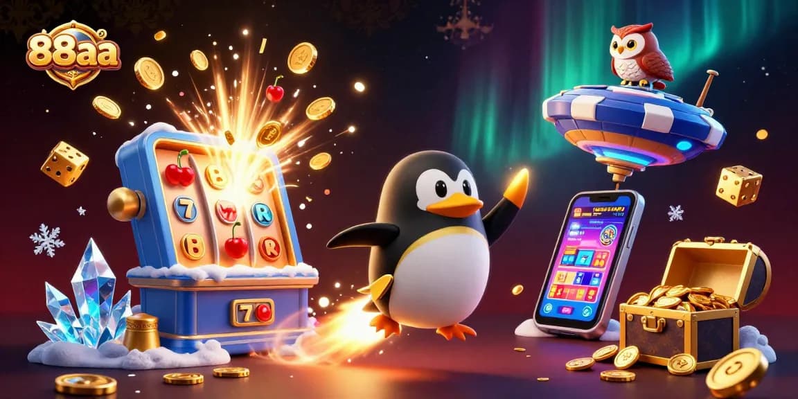 Experience thrilling slots at 88aa with a penguin, casino elements, and jackpot excitement ahead.