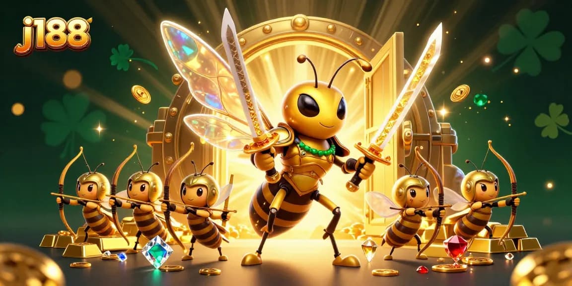 Experience thrilling wins at j188 with a vibrant, action-packed casino scene featuring golden hornets and treasure.