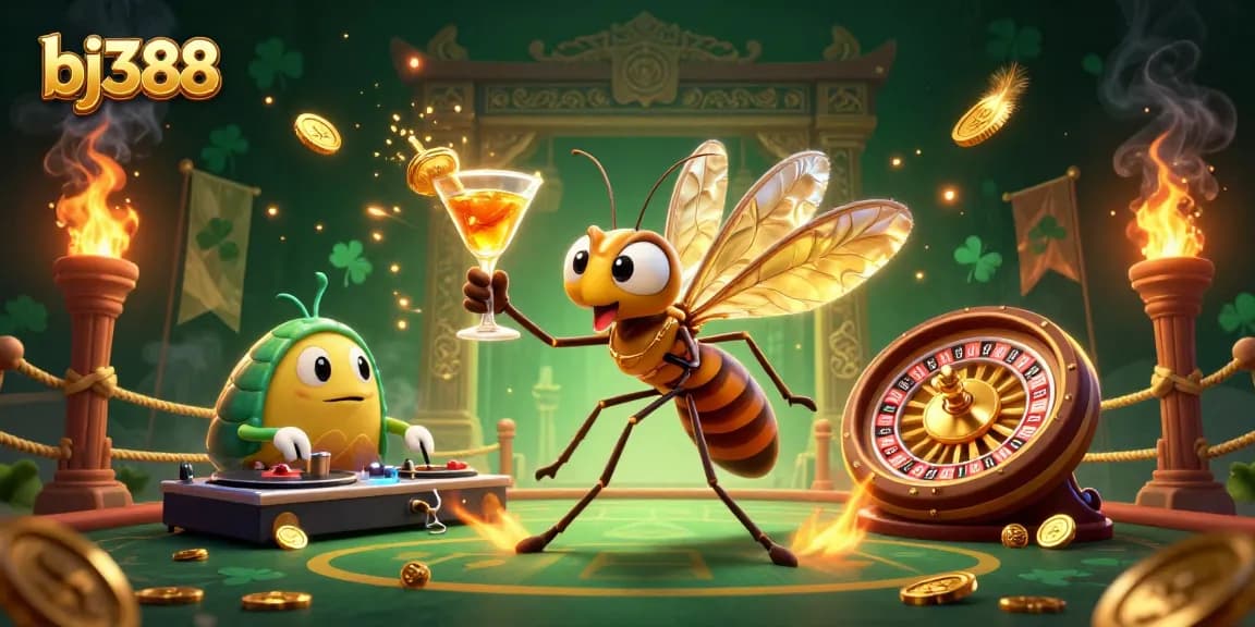 Experience the thrill of betting at bj388 with vibrant characters and luxurious casino elements in a stunning 3D illustration.