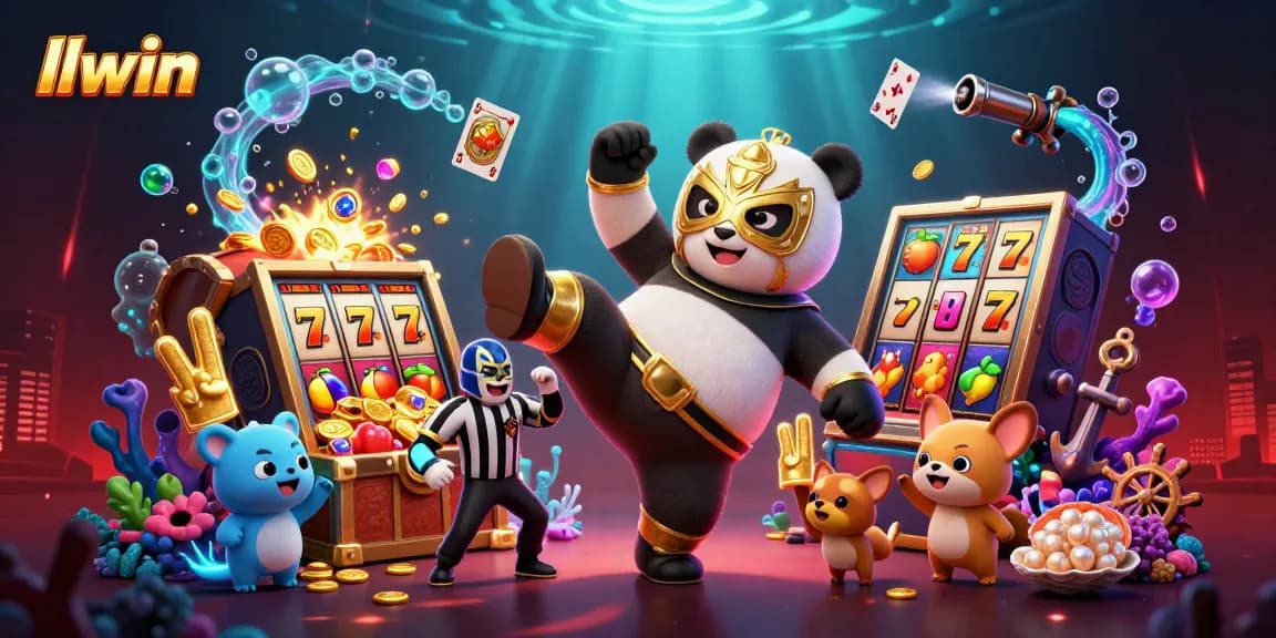 Bet on excitement with llwin at this 3D casino scene showcasing lively animal spectators, gold coins, and slot machines.