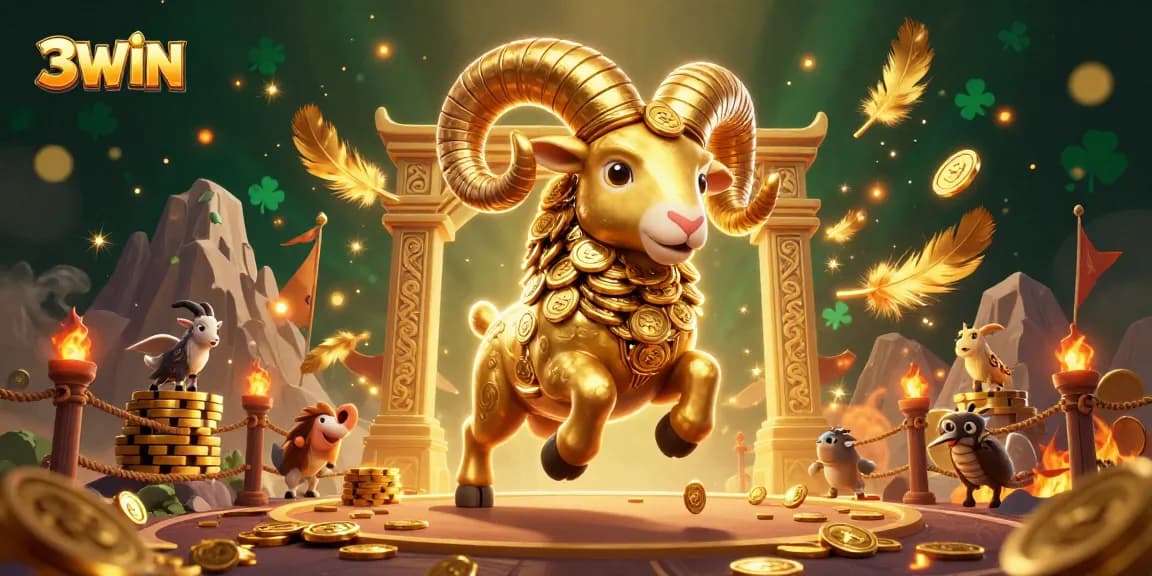 Immerse in the thrilling world of 3WIN as the golden ram charges, surrounded by exciting casino elements.