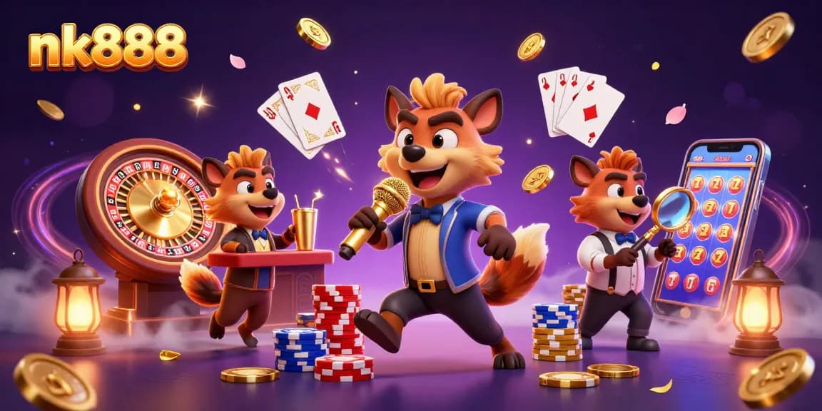 Engage with nk888's lively casino scene featuring hilarious hyenas, vibrant slots, and roulette action.