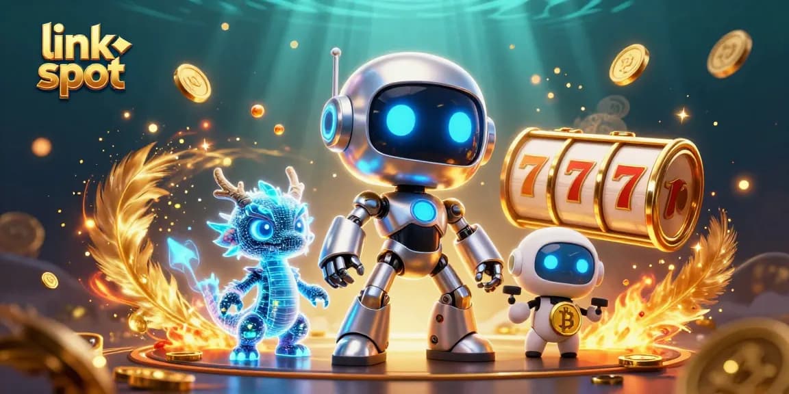 Slot jackpot link slot dengan robot ceria, naga holografik, dan drone bitcoin.