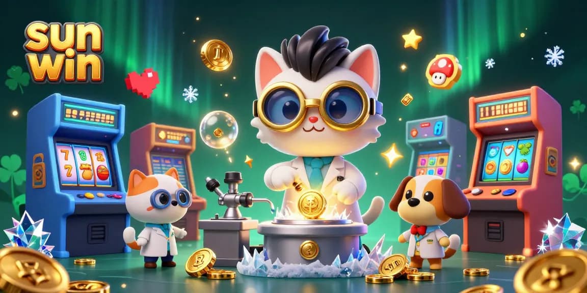 Join the fun at sun win with a bustling lab scene filled with vibrant casino game elements and lively characters.