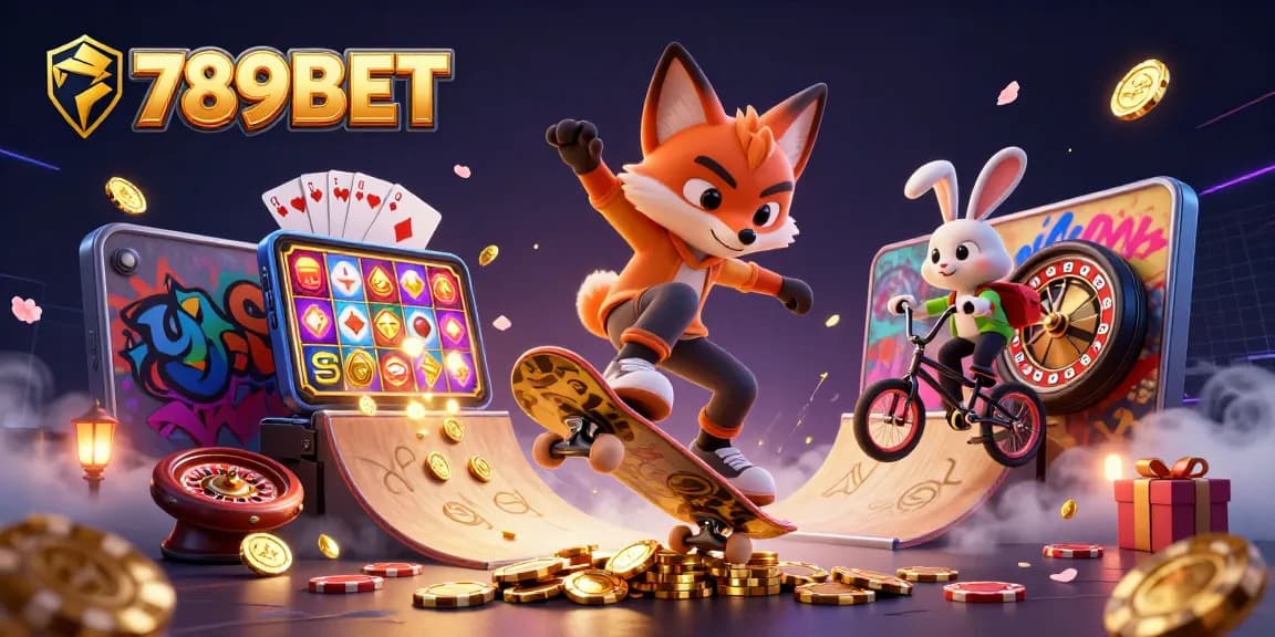 789BET captures thrilling moments with a skateboarder fox and BMX rabbit in a vibrant casino setting.