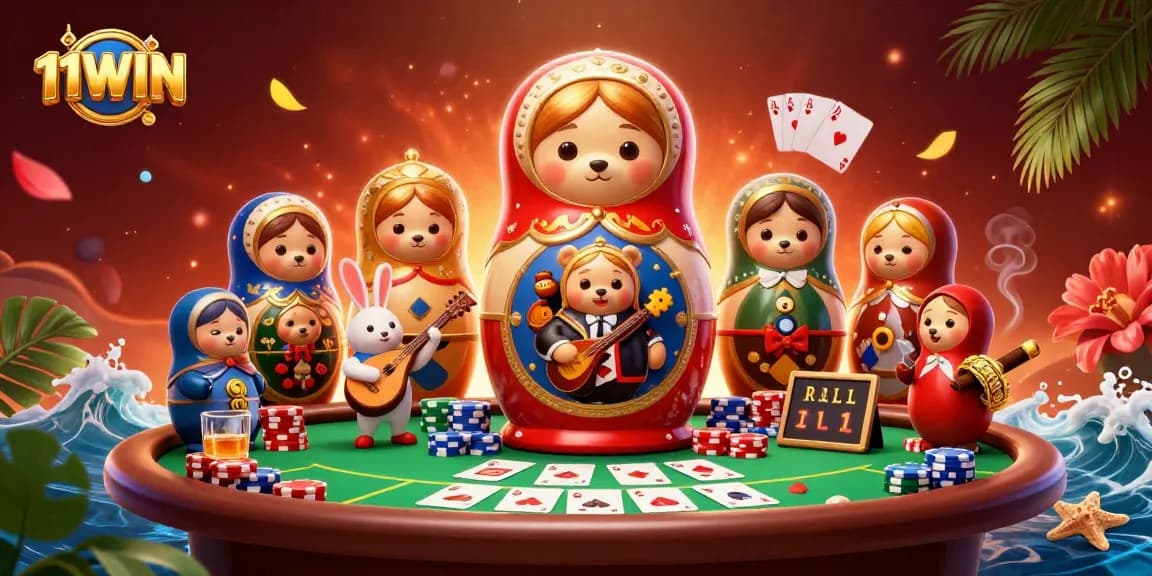 Experience 11WIN's vibrant casino world with captivating characters and dynamic poker elements.