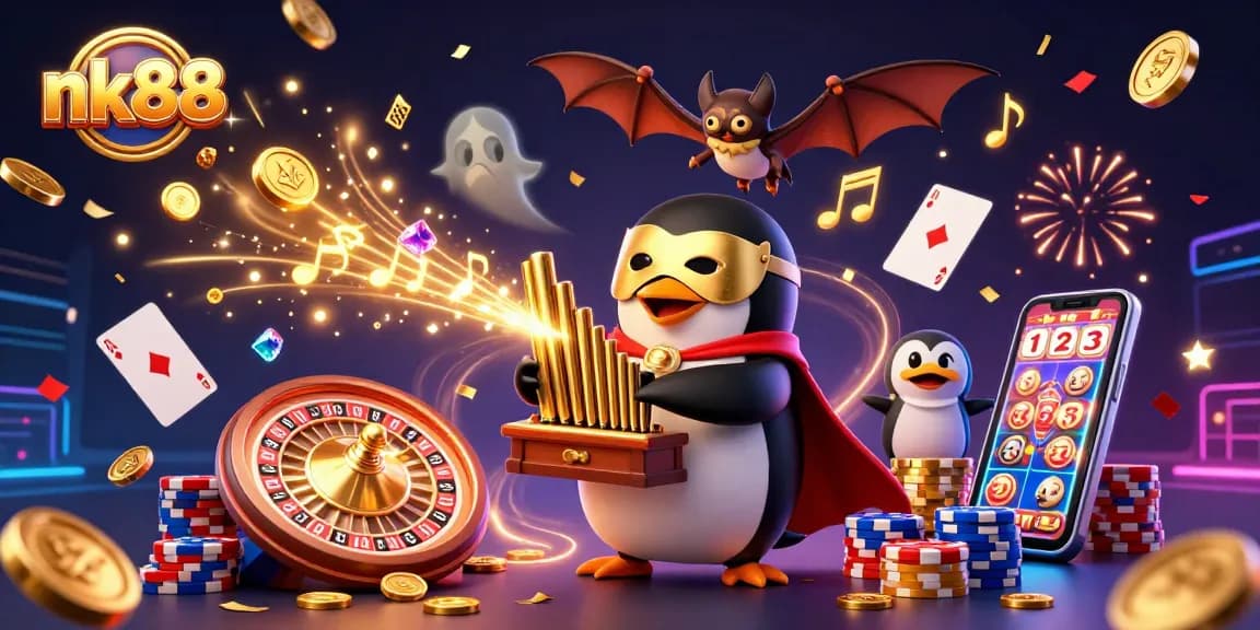 Experience thrilling gameplay at nk88 with a penguin organist, casino elements, and gold coins flying!