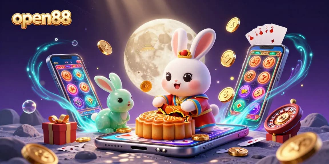 Play at open88 with vibrant 3D moon rabbits in a dynamic casino scene filled with games and excitement.