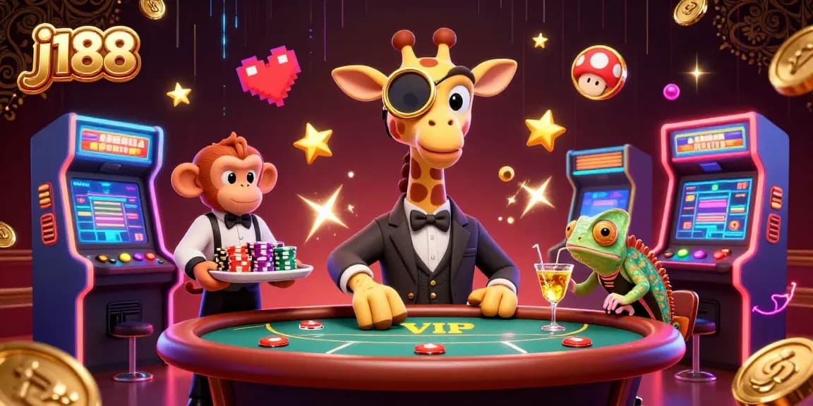 Experience thrilling gaming action at j188 with a high-roller giraffe, monkey valet, and chameleon bartender.