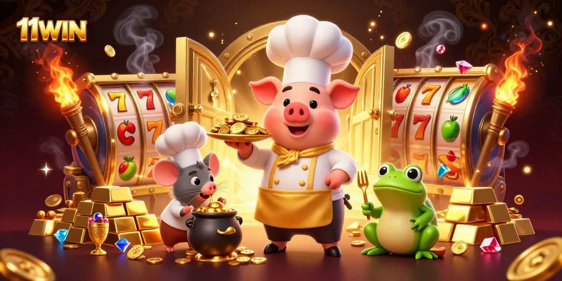 Experience the thrill of 11WIN as a chef pig serves gold coins in an exciting casino setting.