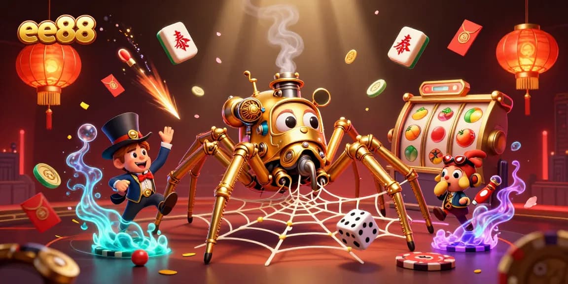 Engage with ee88's vibrant casino scene featuring steampunk elements and spinning slot reels.