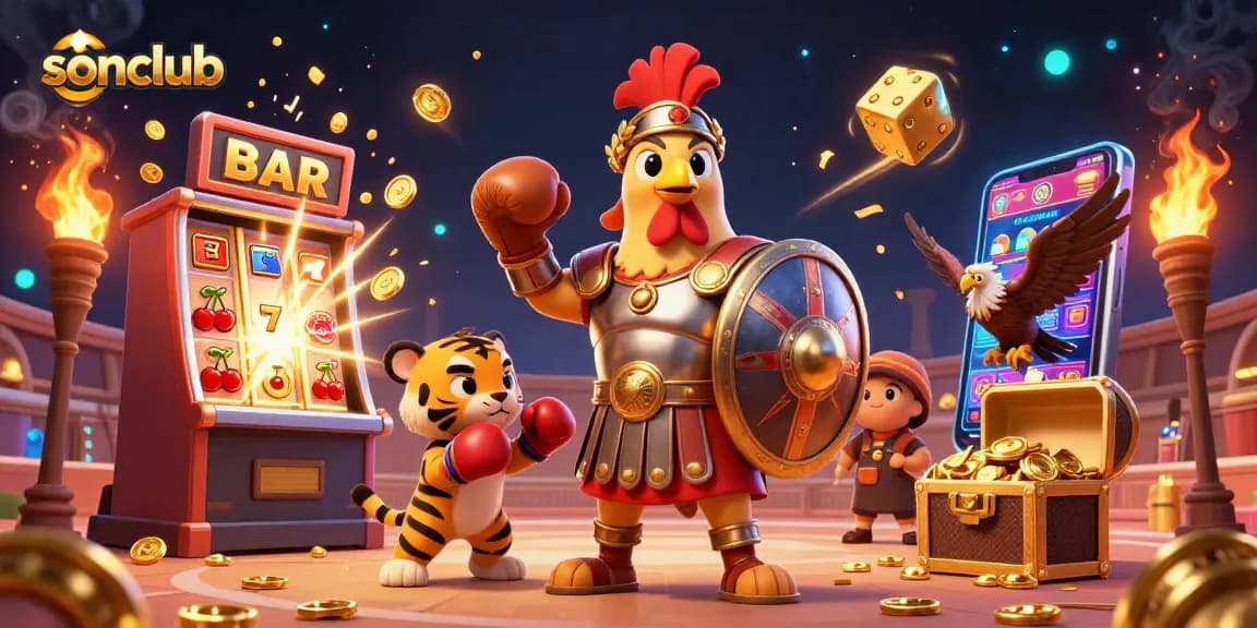 Experience thrilling gaming action with sonclub featuring a gladiator rooster and dynamic casino elements.