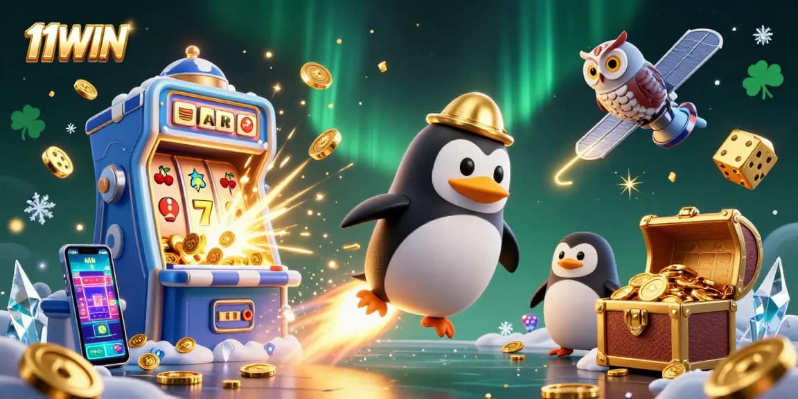 Experience the thrill of winning with the 11WIN casino adventure featuring colorful slot machines and golden treasures.