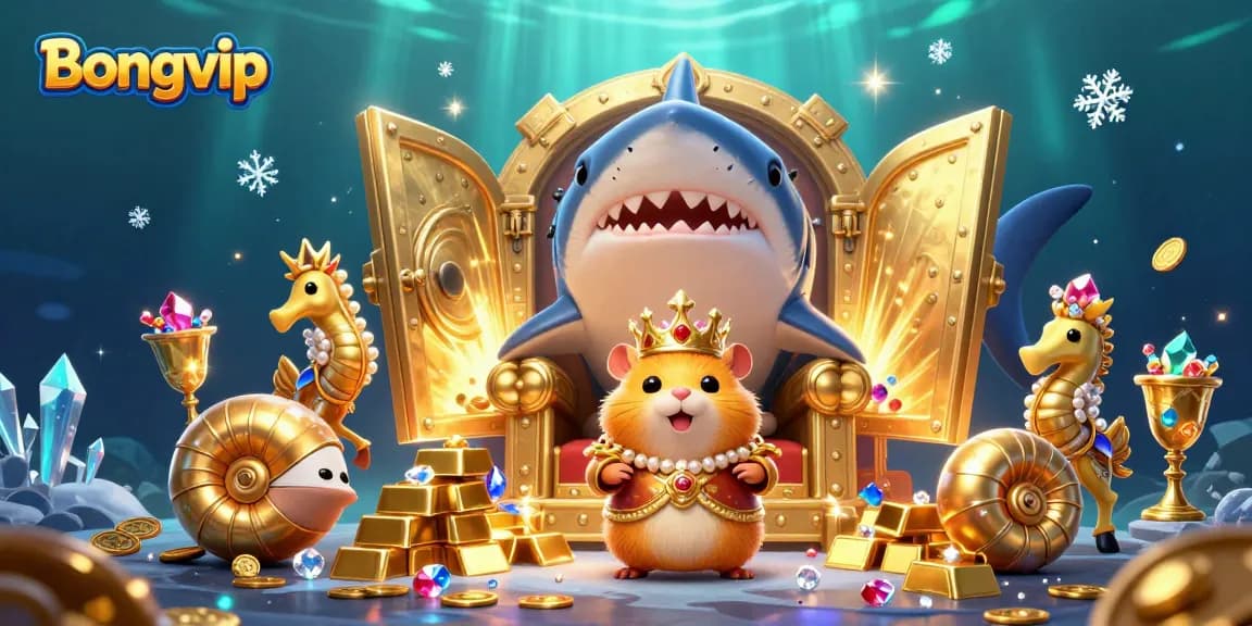 Bongvip showcases a golden hamster king on a megalodon throne surrounded by treasures and seahorse guards.