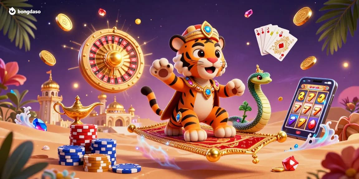 Bongdaso showcases a vibrant casino scene with a tiger sultan, sparkling treasures, and dynamic gaming elements.