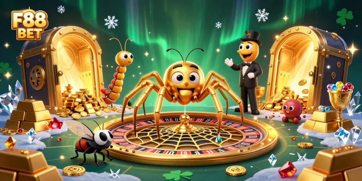 Place bets on F88 BET with a golden spider and centipede croupier in a 3D casino web.