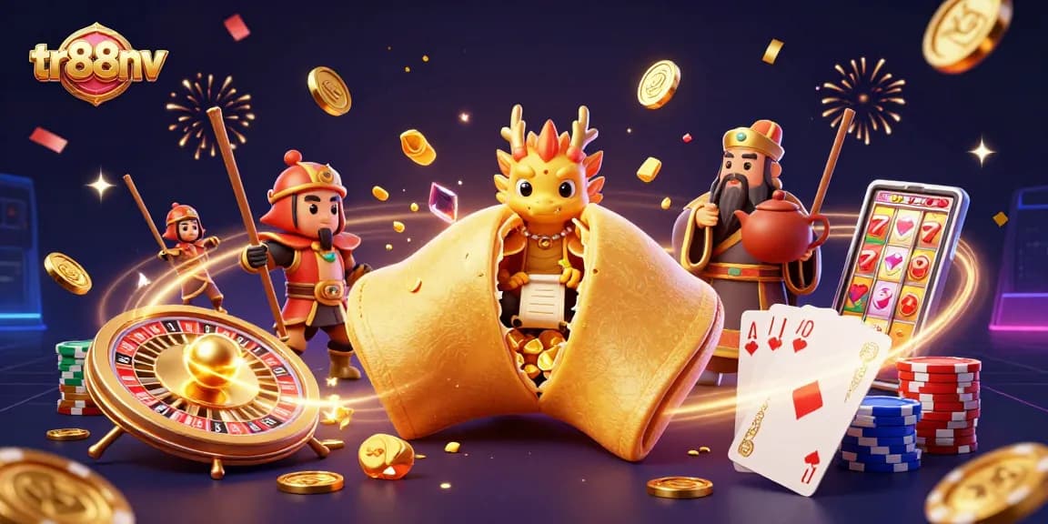 Experience the excitement of tr88nv casino with a dynamic 3D illustration of fortune and gaming elements.