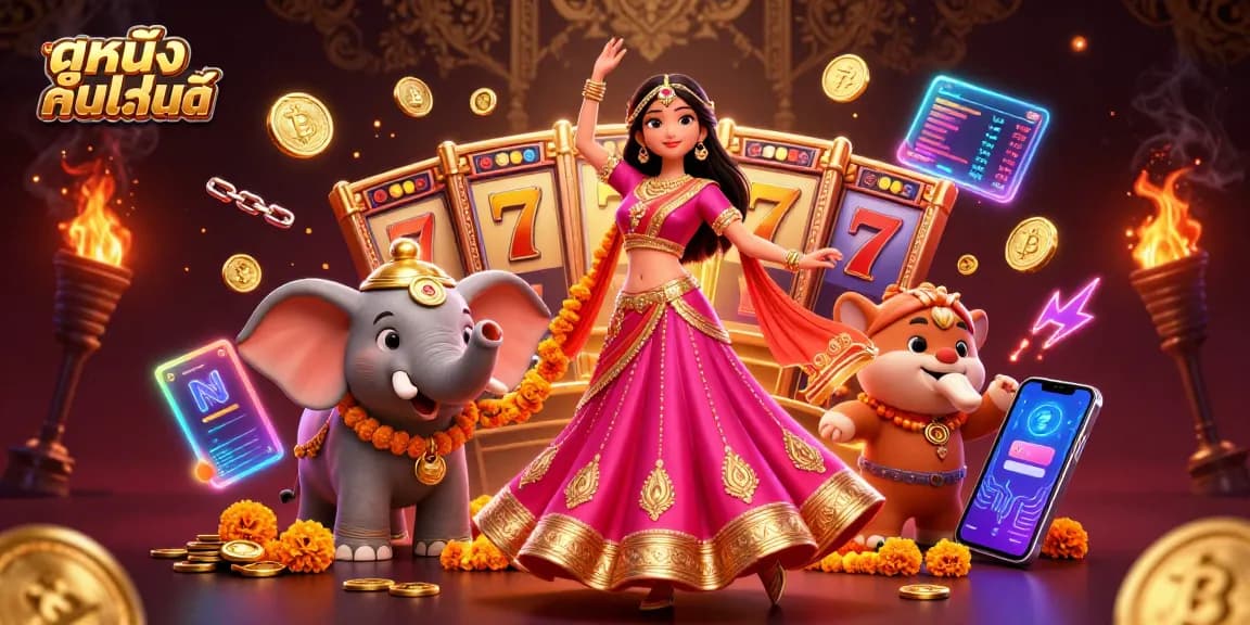 Playing ดูหนังออนไลน์ with vibrant slot elements and illuminated coins for a thrilling gambling experience.